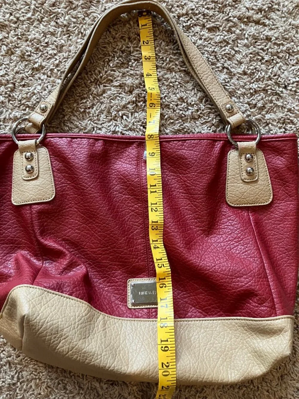 Nine West Red Tan Oversized Tote Shoulder Bag Faux Leather Y2K Colorblock